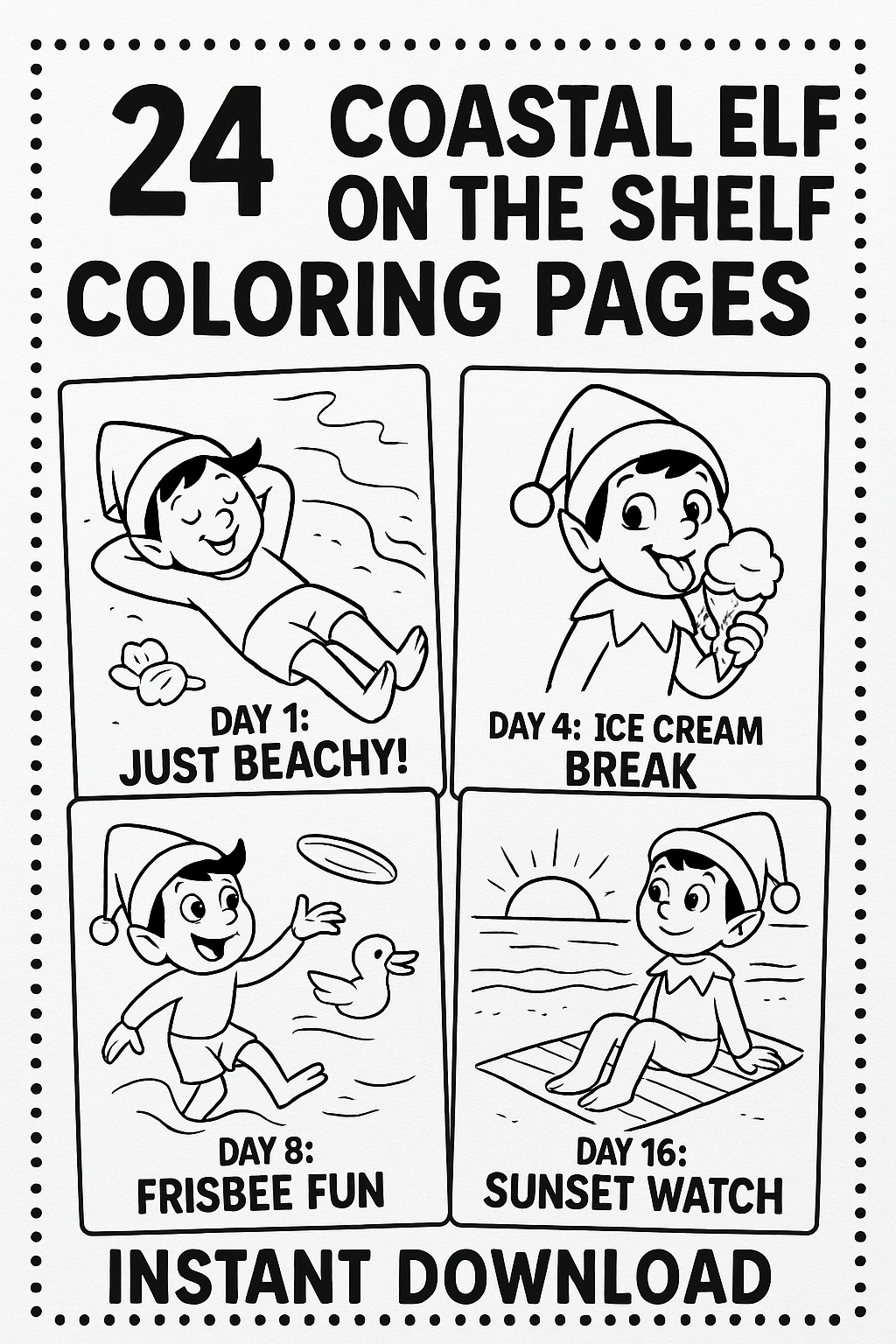 24 Days of Coastal Elf Coloring Pages – Holiday Beach-Themed Elf Instant Digital Downloads