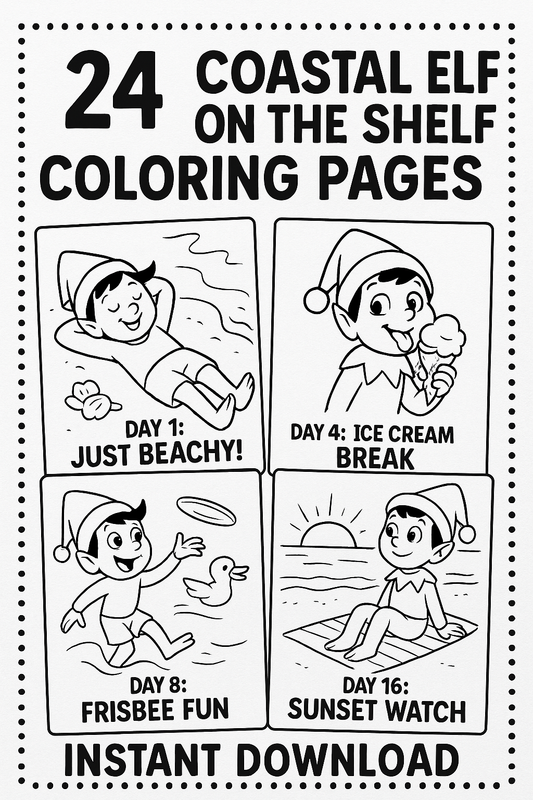 24 Days of Coastal Elf Coloring Pages – Holiday Beach-Themed Elf Instant Digital Downloads