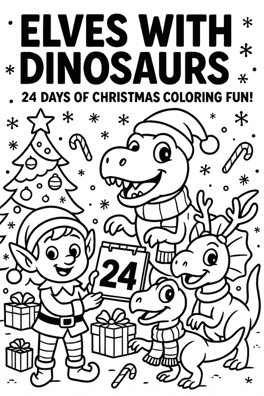 Elves with Dinosaurs – 24 Days of Christmas Coloring Fun!