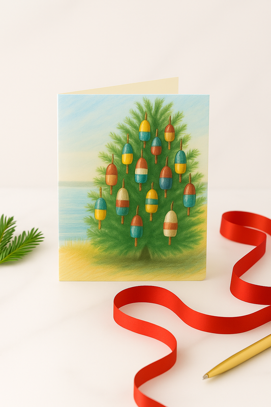 Coastal Christmas Tree with Buoys – Printable Holiday Cards & Art Print (Instant Digital Download)