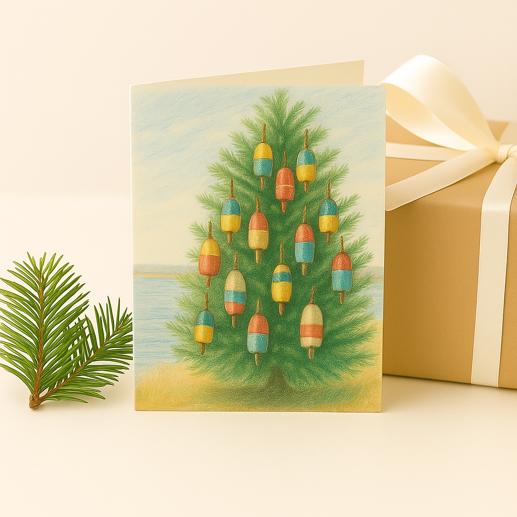 Coastal Christmas Tree with Buoys – Printable Holiday Cards & Art Print (Instant Digital Download)