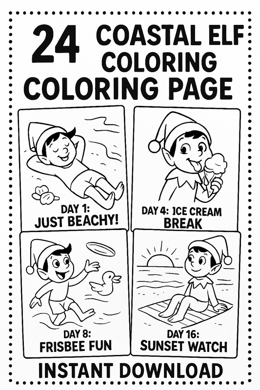 24 Days of Coastal Elf Coloring Pages – Holiday Beach-Themed Elf Instant Digital Downloads